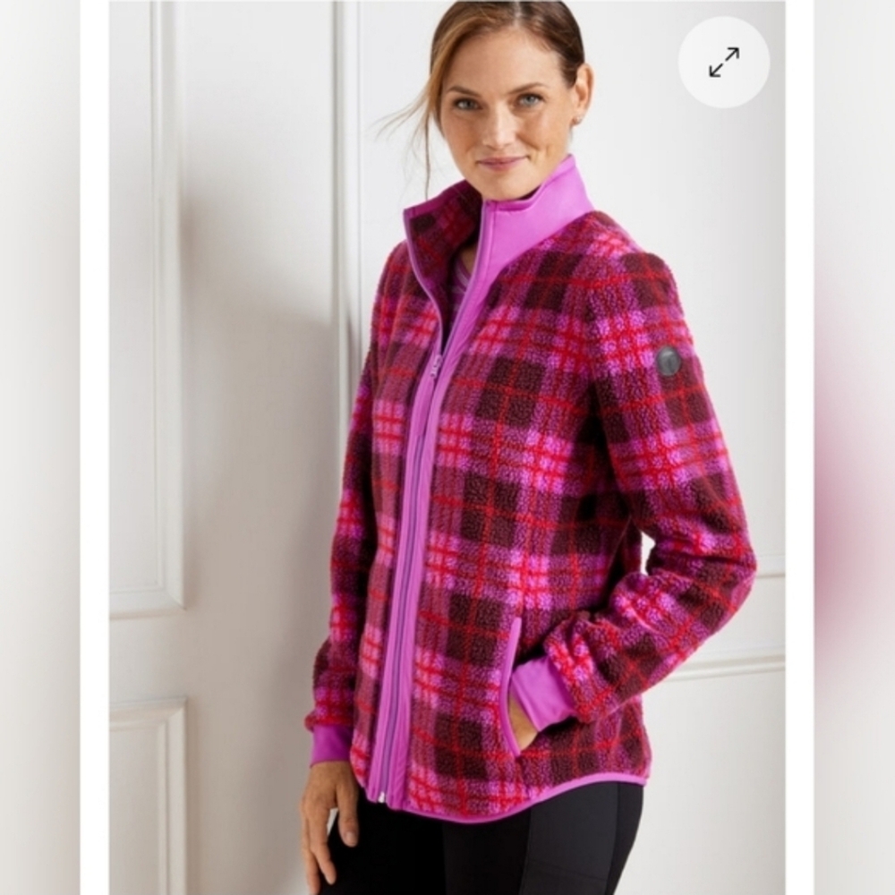 Talbots Women Sherpa Woven Trim Pink Plaid Jacket Size Large